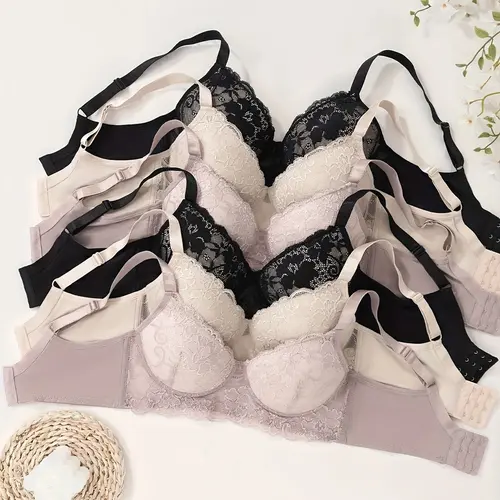 6/3pcs Elegant Women'S Lace Bra Set - Comfortable & Breathable, Non-Removable Padding, Underwire Design, Available in Multiple Colors, Perfect for Daily & Sportswear, Daily Comfort Bra|Elegant Lace Bra|Breathable Fabric