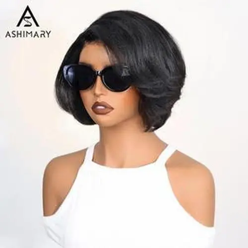 Ashimary [New Arrival] Glueless Human Wig, 6x4.5 Lace Closure Yaki Straight Layered Short Pixie Cut Silk Press Bob Wig for Black Women, Human Hair Wigs#Summervibes,sohochic