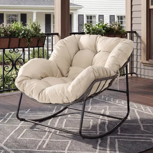 RIWENGO Oversized Outdoor Rocking Chair with Thick Cushion,Maximum 450lbs Capacity, Indoor Egg Rocking Chair with Adjustable Backrest for Backyard, Balcony, Living Room