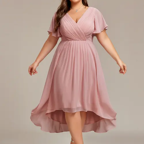 Ever-Pretty 2026 【Plus size curvy dresses】,Chic V Neck Asymmetrical Hem Ruffles Sleeve Pleated Chiffon Wedding Guest Dress for Women Minimalist Shortsleeve Basic Comfort Formal 01923 Womenswear