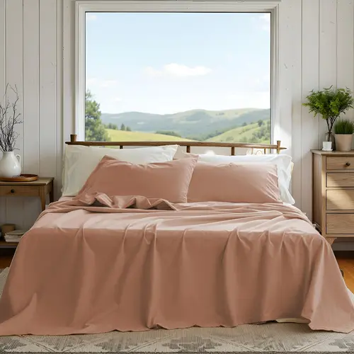 Simple&Opulence Flax Linen-Cotton Durable Blend Bed Sheet Set (4pcs) - 1 Flat, 1 Fitted, 2 Pillowcases, Cooler Breathable Farmhouse Bedding for Hot Sleepers, Durable Blend for Long Use