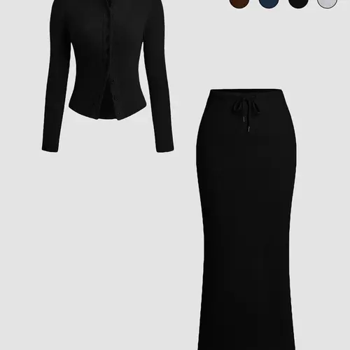 Two-Piece Set Women's Solid Color Knitted Button Front Long Sleeve Fitted Top & Skirt, Casual Feminine Everyday Outfit for Daily Outdoor Wear, Women Clothing for Spring & Fall