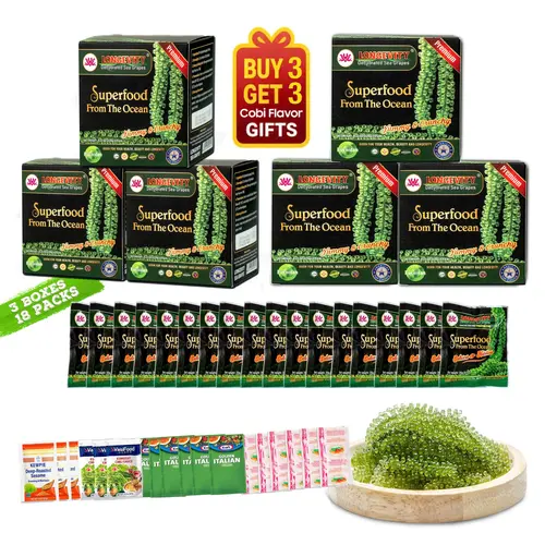 [Buy 3 Get 3 Gifts Free] 3 BOXES Longevity Dehydrated Sea Grapes - COMBO 3 BOXES 18 Packs Green Caviar Umibudo Latok Seaweed Organic Premium Quality Crunchy Flavor Superfood From The Ocean