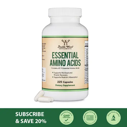 Amino Acids | Contains All 9 Essential Amino Acids | 225 Count | Support Workout, Muscle Recovery, Nutrient Absorption | Double Wood Supplements