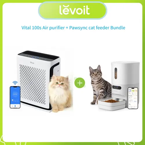 Levoit Vital 100S Pet Air Purifier & Pawsync Automatic Pet Feeder Bundle, Compact 7.2 lb Corded Unit, Anti-Allergy Air Cleaner for Large Room up to 1110 Ft², 3.6L Smart Timed Food Dispenser for Cats & Small Dogs, Remote, Food Storage, Auto Mode, 6.4 X 12.