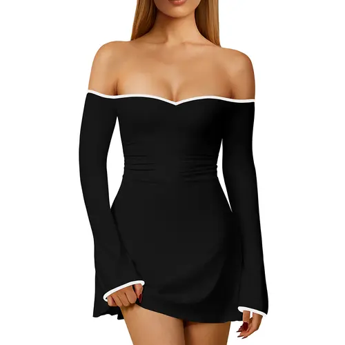 OYS Women's Off Shoulder Long Sleeve Sweetheart Neck Ruched A-Line Mini Party Dress for Autumn Elegant & Versatile Style