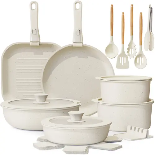 Astercook 22pcs Modern Ceramic Aluminium Non-Stick Pots and Pans Set - Removable Handle, Handle Removal, Oven-Safe, Stackable, Dishwasher-Safe - Frying Pan, Steam-Ready Stew Pot - Black Friday Deals Early Access Cooking Set Kitchen Supplies