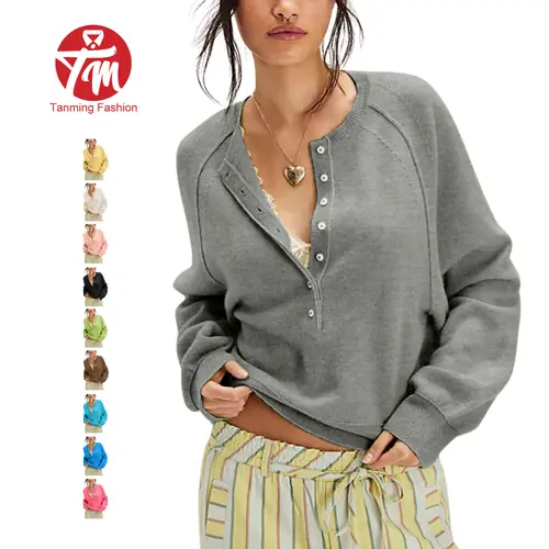 Tanming Women's Fitted Minimalist Basic Long-Sleeve Henley Neck Half-Button Pullover, Lightweight Solid Knit Casual Cute Tops for Work, Travel,summerwins,back to school,back to school shopping Womenswear Longsleeves