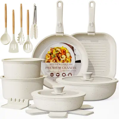 Astercook 22-Piece White Ceramic Nonstick Stackable Cookware Set - Practical Aluminium Pots and Pans Set, Detachable Handle, Induction Safe, Thermal, Steak Frying Pan, Cooking Made Easy, Kitchen Supplies