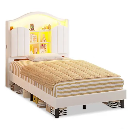 SIKAIC Twin Size LED Bed Frame with Curved Headboard, USB Port, White Upholstered Wood Frame Platform Bed, Underbed Storage, No Box Spring Needed, 80.7"L x 39"W x 48"H
