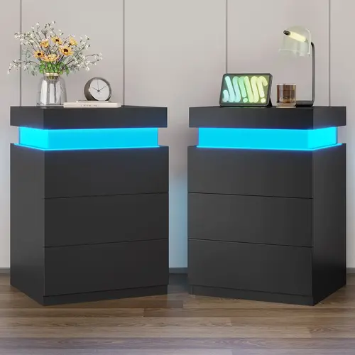 SIKAIC 2PCS Modern Wood Bedside Tables - Bedside Cabinets with Drawer, LED Lights, Charging Station, Sliding Top, 2 USB Ports, Storage, Home Decor, Cool Room Decor, Apartment Stuff, Furniture for Room