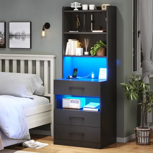 SIKAIC LED Engineered Wood Tall 3-Drawer Bedroom Nightstand - Bedside Table with Bookshelf, Charging Station, Open Storage, RGB Lights, Jewelry Hooks - Modern Indoor End Table for Bedroom, Apartment Decor
