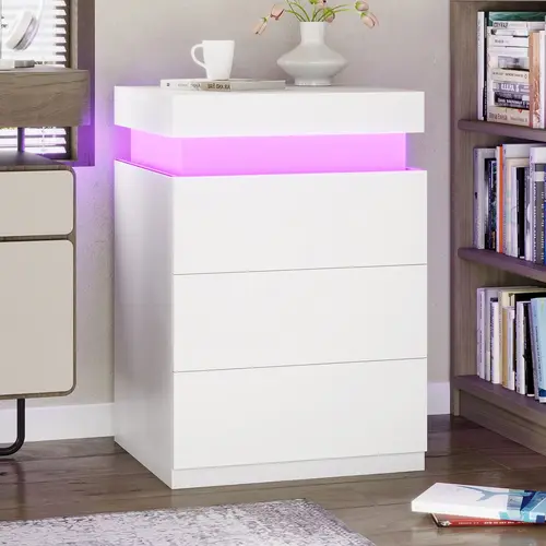 SIKAIC White Modern Nightstand with Drawers - LED Lights, Charging Station, 2 Power Outlets, 2 USB Ports, Glide Top Drawers, Pedestal, Space-Saving Apartment Furniture, Room Decor, Bedroom Inspo Indoor Accent Table