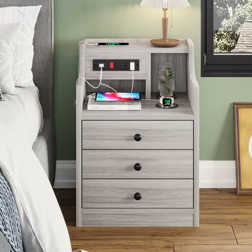 Sikaic Grey 3-Drawer Bedroom Nightstand with Drawers - USB Outlets Charging Station, Waterproof Desktop, Dirt-Resistant Hutch Shelf, Modern Small Space Apartment Furniture, 13.8"d x17.7"w x26.8"h Bedside Table
