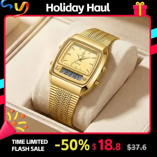 LIEBIG Heritage-Inspired Gold-Tinted Square Dial Fashionable Waterproof Watch for Men - 30M Waterproof, Dual Analog-Digital Display, Stainless Steel Casual Quartz Rectangular Face, Multi-Function, Unique Gifts for Man, Square Dial Watch