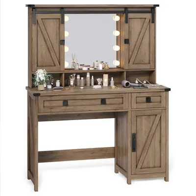 SIKAIC Rustic Grain Vanity Wood Makeup Vanity - Farmhouse Engineered Wood Desk for Home Decor Enthusiasts, Sliding Barn Doors, LED Mirror, Built-in Charging Station, Large Tabletop, Jewelry Hooks, Assembly Required (Brown)