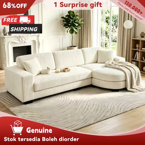Niccae Modern Floor Sofa with 2 Pillows (Sub 3 Packages) - Corduroy Sectional Couch, Convertible Teddy Fabric Foam-Filled Sleeper, Tufted Upholstered Lounger, L-Shaped Modular with Ottoman, Left/Right Placement, Modern Sofas Couches, Living Room Furniture