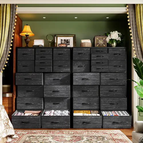 RaybeeFurniture 16 Drawer Tall Dresser for Bedroom, Fabric Storage Tower for Closet, Hallway, Entryway, Closet, Tall Chest Organizer Unit with Fabric Bins, Steel Frame, Wood Top, Easy Pull Handle, Black Wood Grain Print, Easy to Assemble & Clean