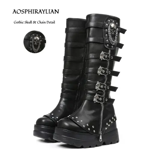 AOSPHIRAYLIAN Women's Black Platform Goth Knee-High Punk Style Boots - Wide Foot Friendly, US6-12, Studded Mid-Calf Combat Shoe, Round Toe, Skull Chain Buckle, Chunky Heel, Back Zipper, Thick Sole Footwear, Statement Shoes,sohochic