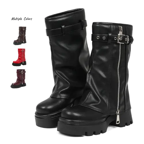 AOSPHIRAYLIAN Women's Mid-Calf Fold Over Slouchy Wide Calf Pleated Platform Stacked Side Zipper Boots - Goth Y2000 Footwear, Stylish Women's Shoe,sohochic