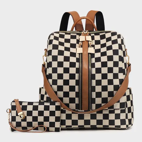 Checkerboard Pattern Checkered Print Backpack Set, Checkered Plaid Backpacks, Women's Vintage Casual Durable Lightweight Large Capacity Zipper Travel Backpack & Wristlet, Multifunctional Bag Set For Daily Use