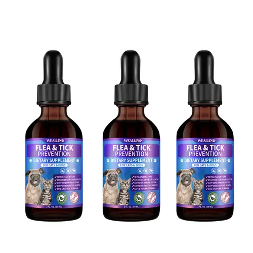 WEALLIN Herbal Bacon Flavor Oral Flea & Tick Guard Drops for Cats & Dogs - Multivitamin Pet Supplement with Black Walnut & Pumpkin Seeds, Suitable for All Breeds & Ages, 1-4 Pcs Pet Supplies (Bottle Included)