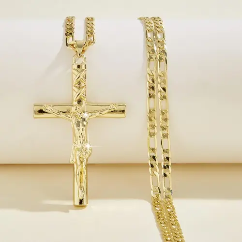 Fashion Punk Jesus Cross Pendant Necklace, Men's Copper Gold Plated Holy Christian Jewelry, Faith Necklace, 24-Inch Flat Chain, Festival Gift, Cuban Link Chain, Cross Necklaces