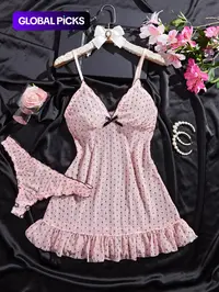 Women's Sexy Elegant Pajama Set, Nightwear, Sleeveless, Polka Dot Ruffled Hem, Lightweight Knit Fabric, Semi-Transparent, Romantic Gift, Loungewear, Fashionable Home Wear