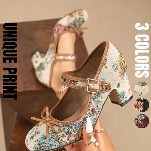 Women's Mary Jane Chunky Heel Pumps, Vintage Print Round Toe Strap High Heels with Bow, Party Shoes