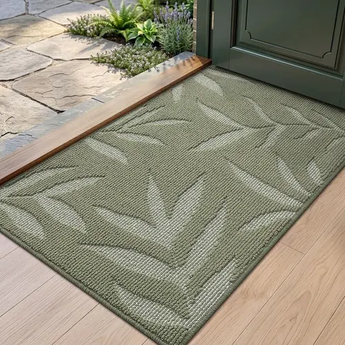 LUMI Low Profile Front Door Mat, 24"x36" Non-Slip Washable Doormat with Rubber Backing, Wrinkle Resistant Anti-Shrink Mat for Entrance, Patio (Plants Design, Green)