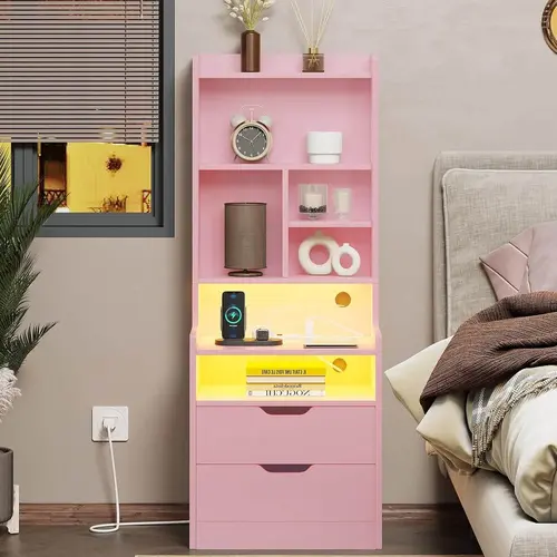 Sikaic Tall Night Stand with Charging Station and LED Lights, Nightstand with Bookshelf, Bedside Table with Drawers & Power Outlets, End Side Table for Bedrooms, Home Furniture Christmas Gifts [SohoChic]