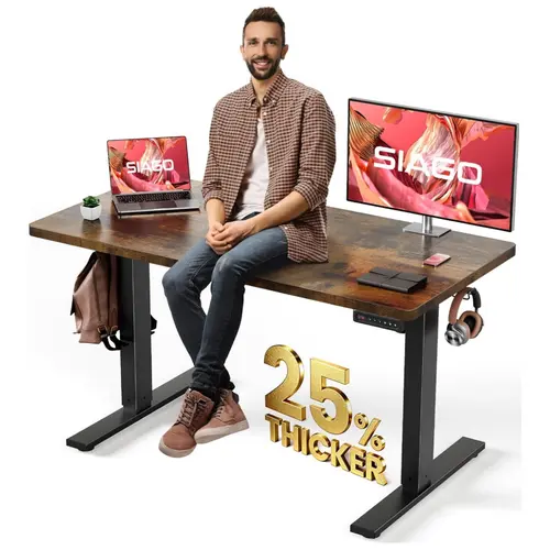 SIAGO Modern Height-Adjustable Electric Standing Desk - Auto-Adjust, Effortless Lifting, Smart Adjust Desk & Motorized Pedestal Table, Rock-Solid Steel & Wood Office Workstation, Cable Management, 3 Memory Presets, Quick Setup - Ideal Gift for Mothers, Au