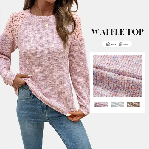 Shewin Women's Chic Knitwear Piece - Feminine Basics Polyester-Elastane Waffle Knit Fabric Sweatshirt, Long Lace Trim Sleeves, Relaxed Cut Soft Blend Pullover, All-Day Stretch, Everyday Style for Home & Café