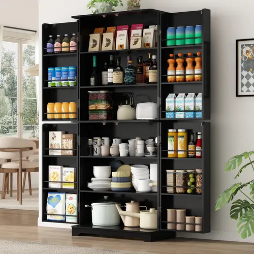 72” Tall Kitchen Storage Pantry, 31.5”W Modern Cabinet Wood Cupboard with Storage Shelves, Pantry Cabinet with 4 Doors for Kitchen, Dining Room, Living Room, White/Black