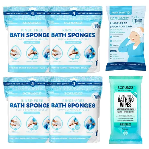 Scrubzz Rinse-Free Bathing Bundle - 4 Extra Large Soap-Infused Sponges, Disposable Shower Cap & Bathing Wipes for Travel & Personal Care