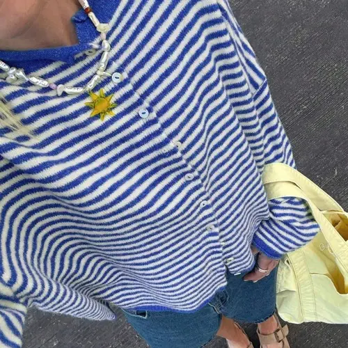 Women's Striped Sweater Cardigan, Loose Knitwear, Casual Long Sleeve Knitwear for Fall & Winter, Fashion Women's Knit Clothing for Daily Wear