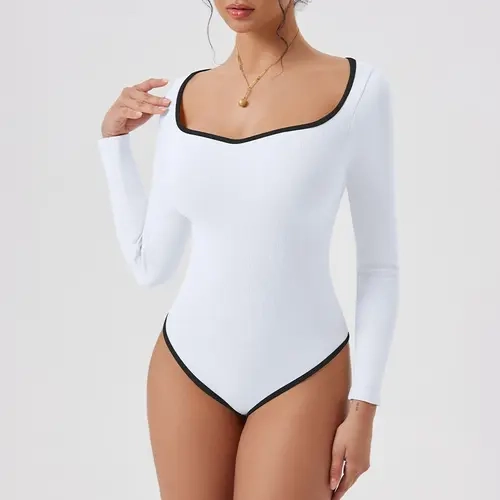OQQ Women's Stylish Fitted Sweetheart Neck Bodysuit - Stretchy Long Sleeve Basic Tops with Contrast Binding, Lightweight Nylon Bodysuit for Fall Going Out, Thanksgiving
