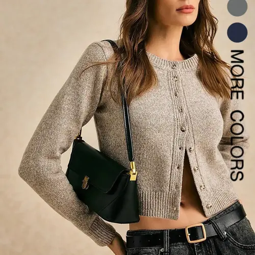 Vintage Women's Round Neck Knit Cardigan, Fashionable Casual Long Sleeve Sweater with Button Front Design, Fit, Soft and Comfortable Casual Basic Knitwear, Womenswear