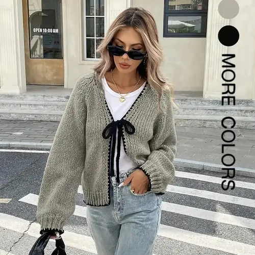 New Contrast Color Knitted Cardigan with Self-Tie Long Sleeves, Stylish Fitted Casual Knit Sweater Jacket for Women, Unique Design for Everyday Looks