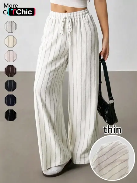 Women's Striped Waist-Tie Straight-Leg Loose Streetwear Pants, Casual Bottoms, Casual Style, Moderate Fabric Thickness, All-Season Wear, Casual Fitted Pants, Casual Fashion Comfy