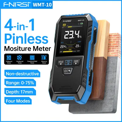 FNIRSI WMT-10 Pinless 4-In-1 Handheld Grip Wall/Wood Moisture Meter High-Precision Non-Destructive Inductive Work Tool 2.4-Inch Color Screen 1000mAh Battery 17mm Detection Flashlight Data Storage Color Alerts Sound Alerts for Home & Building Use,toolupgra