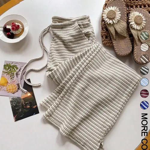 Women's Summer Knitted Striped Adjustable Casual Drawstring Waist Pocket Baggy Loose Oversize Wide Leg Pants, Perfect for Daily Wear and Vacations