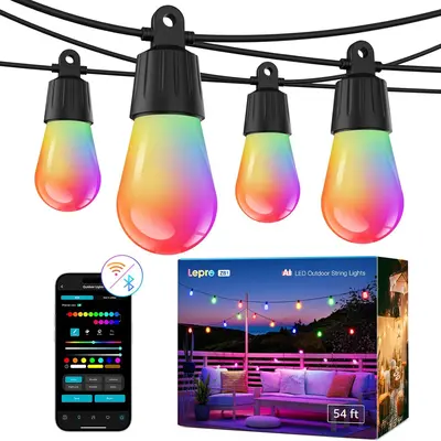 LEPRO AI Smart Connectable Fairy Lights Outdoor - 54ft (42+12) Dimmable RGB+Warm White LED Decorative Strip, 15 Bulbs, 2.4GHz WiFi+Bluetooth APP Control, Alexa-Compatible, IC+AI LLM Tech, Waterproof, Long LED Light Effect Solution for Backyard, Led Decora