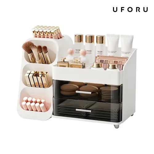 UFORU Modern Large Capacity Plastic Makeup Storage Box - Multi-functional Organizer for Makeup Brushes, Lipsticks, Eyebrow Pencils, Pocket Mirrors - Desktop Vanity Accessory for Home & Travel, Pink Gift Option