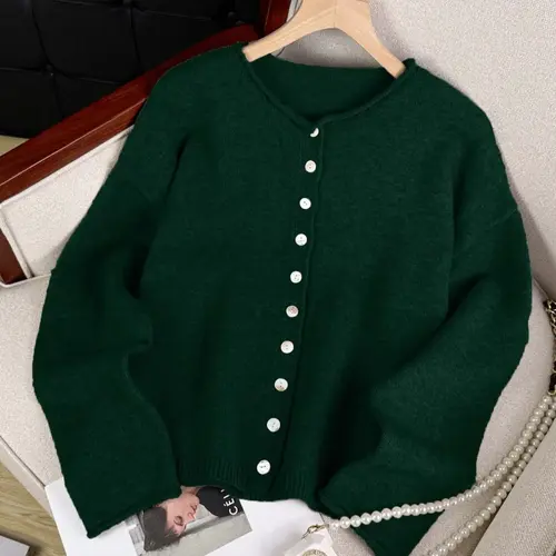 Women's Vintage Knit Cardigan with Rolled Hem and Long Sleeve, Simple Solid Color Sweater Jacket for Autumn and Winter Fashion, Stylish Casual Outerwear