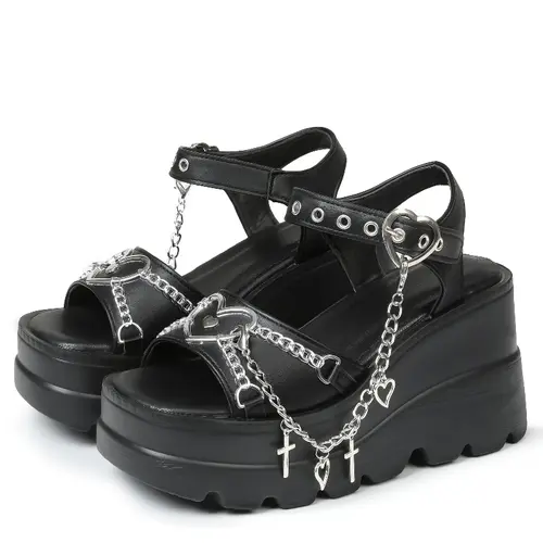 Gothic Platform Wedge Sandals For Women Heart Chain Cross Charm Strappy Sandals Black Punk Goth Open Toe High Heel Shoes Emo Alt Harajuku Footwear Daily Party Streetwear,sohochic