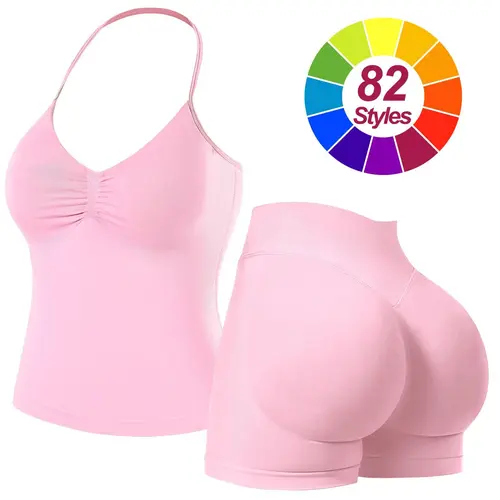 RICH BRIA Women's 2-Piece Seamless Sports Set - Halter Tank Top & High Waist Shorts, Breathable Comfortable Gym Workout Outfits, Trendy Clothing Sets for Yoga & Fitness 2 piece sets matching sets for women