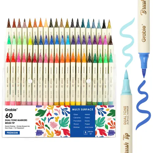 Grabie Dual Tone Brush Tip Acrylic Paint Marker Set of 60, Painting Supplies, Acrylic Paint Pen, Back to School, Class Reward Gift Idea
