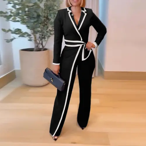 2026 CHICME Women's  Contrast Paneled Notched Collar Padded shoulders Work Jumpsuit Casual Wrap Front Jumpsuit
