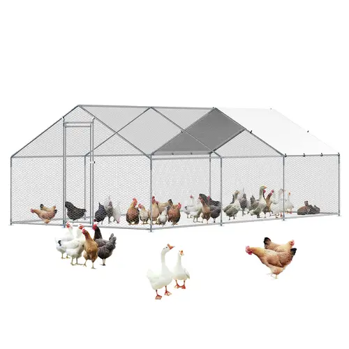 【toolupgrade】VEVOR Galvanized Steel Chicken Coop, 9.8x19.6x6.5 ft Large Space Walk-in Enclosure with Sunshade Canopy Spire Roof, Chicken Wire Fence, Hex Mesh, Security Lock, Wind Resistant Weatherproof Outdoor Backyard Shelter for Ducks, Easy Installation